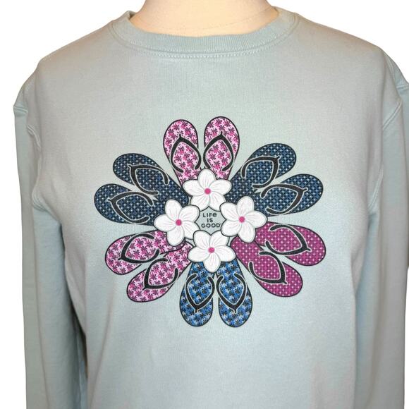 Life is Good Crewneck Graphic Sweatshirt Sz M Blue Daisy Flip-Flop Fleece Cotton - Picture 3 of 10